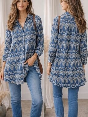 Zara Blue Embroidered Denim Tunic Dress Paisley Boho Button Front Size L